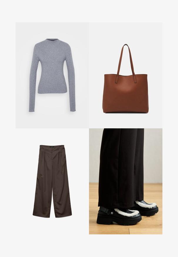 Szürke, bordázott, hosszú ujjú pulóver magas nyakkal. Feszes fazon és sima textúra. Egyszerű és minimalista, látható hardver vagy minták nélkül.; Sötétbarna, sima textúrájú, bővített nadrágok. Jellemzői között szerepelnek az elöl található redők és a klasszikus derékbőség.; Fekete platform cipők fehér bolyhos díszítéssel, lekerekített orral és fém gombbal ellátott pánttal. Fekete nadrággal viselve egy fa padlón.; Barna bőr vászontáska sima textúrával, nyitott tetejű dizájnnal és két vállpánttal. Minimális varrással és látható hardver nélkül készült.