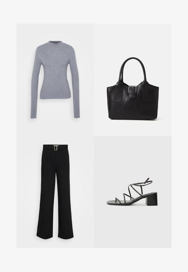 Szürke, bordázott, hosszú ujjú pulóver magas nyakkal. Feszes fazon és sima textúra. Egyszerű és minimalista, látható hardver vagy minták nélkül.; Fekete, bővített szárú nadrág, könnyű anyagból készült, sima textúrával, elülső pliszírozással és négyzet alakú fém csattal ellátott övvel.; Fekete pántos szandál négyzetes orral és vastag sarokkal, sima anyagból készült. Állítható bokapántokkal és minimális fém részletekkel rendelkezik.; Fekete bőr bevásárlótáska sima textúrával, strukturált formával, két fogantyúval és egy figyelemfelkeltő ezüst csattal az elején.