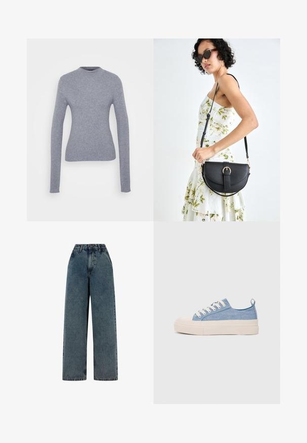 Szürke, bordázott, hosszú ujjú pulóver magas nyakkal. Feszes fazon és sima textúra. Egyszerű és minimalista, látható hardver vagy minták nélkül.; Közepes kék farmerből készült, magas derekú, bő lábú farmernadrág, elhasználódott hatással, elülső gombos záródással és övöltökkel.; Világoskék vászon sportcipők, krémszínű gumitippel és talppal, fehér fűzőkkel és egy húzófüllel a sarkán.; Fekete bőrtáska ívelt formával, levehető pánttal és arany színű fémrészekkel. A táskán egy csattal díszített fedél található.