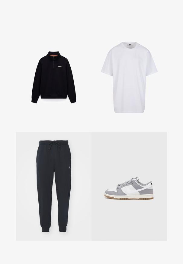 Černá mikina s vysokým límcem a designem na půl zip. Obsahuje oranžový akcent uvnitř límce a malé logo na hrudi.; Bílé triko z bavlny s krátkým rukávem, kulatým výstřihem, volným střihem a bez viditelných log či vzorů. Hladká textura a minimalistický design.; Černé teplákové kalhoty vyrobené z měkké tkaniny, s elastickým pasem na šňůrku, žebrovanými manžetami a malým logem na levém stehně.; Tenisky Nike mají šedý semišový a bílý kožený svršek s perforacemi, kulaté tkaničky a gumovou podrážku pro lepší trakci.