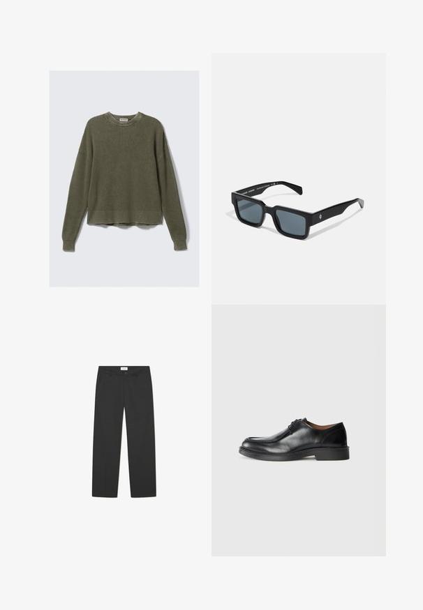 Maglione lavorato a maglia verde oliva con scollatura rotonda a coste, spalle scese, maniche lunghe e orlo cropped. Tessuto testurizzato con motivi visibili.; Pantaloni neri in tessuto leggero. Presentano un design a gamba dritta con una parte frontale piatta, tasche laterali e una vita discreta.; Scarpa da uomo in pelle nera, con punta arrotondata, superficie liscia, dettagli in pizzo e suola in gomma bassa e texturizzata. Linee pulite e design minimale.; Occhiali da sole neri rettangolari con finitura opaca, lenti scure e dettagli del logo discreti sul lato della montatura. Design angolare unico.