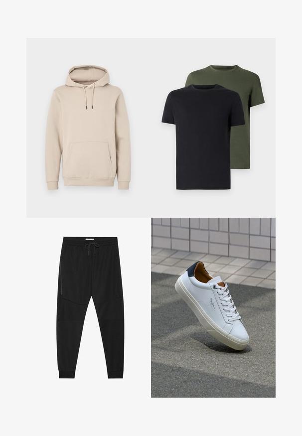 Felpa con cappuccio beige chiaro, realizzata in tessuto morbido. Presenta una tasca anteriore e cordini regolabili con punte nere. Polsi a coste.; Due magliette a girocollo in nero e verde oliva, realizzate in morbido cotone. Il design è semplice, con maniche corte e un taglio dritto.; Pantaloni sportivi neri in tessuto texturizzato, dotati di una vita regolabile, tasca laterale con zip e polsini a gamba affusolata.; Sneaker bianca in pelle con tallone blu, punta rotonda e accenti marroni a contrasto. Presenta lacci piatti e suola in gomma testurizzata.