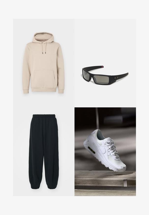 Sudadera con capucha en color beige claro, hecha de una tela suave. Presenta un bolsillo frontal tipo canguro y cordones ajustables con puntas negras. Puños acanalados.; Pantalones de chándal negros con cintura elástica, de corte holgado, con puños en los tobillos, textura suave y sin patrones visibles ni acentos metálicos.; Zapatilla Nike Air Max 90 blanca con parte superior de malla y cuero, caja de puntera perforada y unidad de aire visible en el talón.; Gafas de sol negras con acabado mate, lentes rectangulares, ligera curvatura en las patillas, sutil detalle del logo y lentes ahumados.