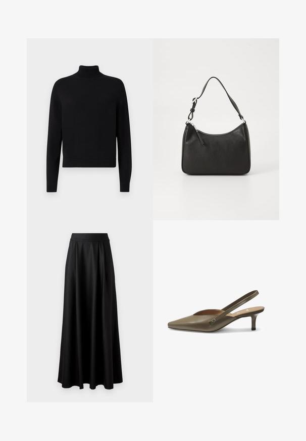 Schwarzer Rollkragenpullover mit langen Ärmeln, gerippten Bündchen und schmalem Saum. Weiche Textur, einfaches Design und einfarbig ohne Muster.; Schwarzer, bodenlanger Rock mit glatter Textur, weitem Bund und plissiertem Design, ohne sichtbare Muster oder Verzierungen.; Slingback-Absatzschuh in olivgrün, aus glänzendem synthetischen Material, mit spitzer Zehenform, niedrigem Blockabsatz und Metallakzent am Knöchelriemen.; Schwarze Lederhandtasche mit geschwungener Form, einem einzigen Tragegurt, Reißverschlussverschluss und dezentem Branding auf der Vorderseite. Glatte Textur, minimalistisches Design.