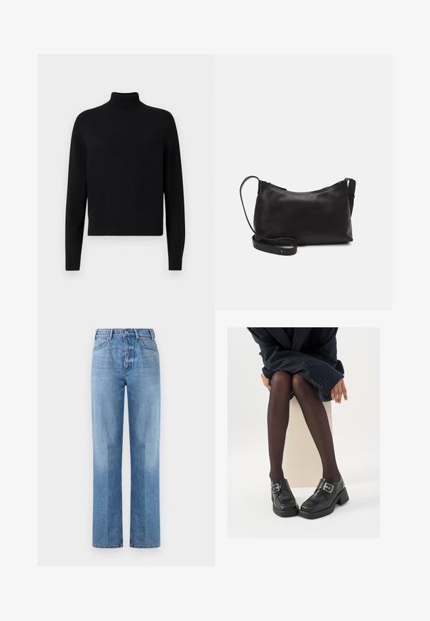 Črn pulover s turtleneck ovratnikom in dolgimi rokavi, z rebrastimi manšetami in prilegajočim robom. Mehka tekstura, preprost dizajn in enotna barva brez vzorcev.; Svetlo modri jeans z ravnim krojem, ki ima visok pas, pet žepov in vidne šive. Tekstura je gladka in klasična.; Črne usnjene čevlje z debelim peto, srebrno zaponko in šivom v stilu mokasinke. Nosijo se s prozornimi črnimi nogavicami.; Črna usnjena torba čez ramo z gladko teksturo, ukrivljeno obliko, nastavljivim trakom in zadrgo. Minimalističen dizajn brez okrasnih detajlov.