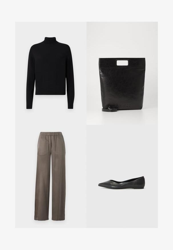 Maglione nero a collo alto con maniche lunghe, polsini a costine e orlo aderente. Texture morbida, design semplice e colore solido senza fantasie.; Pantaloni a gamba larga in grigio scuro, realizzati in un tessuto morbido. Presentano una vita elasticizzata e un design largo per il massimo comfort.; Ballerine in pelle nera con punta affusolata, tacco basso e texture liscia. Design minimale con un sottile dettaglio laterale.; Borsa tote in pelle nera con manico quadrato, caratterizzata da una finitura testurizzata e logo impresso. Include una tracolla rimovibile.