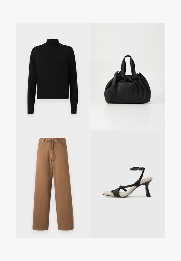 Zwarte turtleneck trui met lange mouwen, geribbelde manchetten en een aansluitende zoom. Zachte textuur, eenvoudig ontwerp en effen kleur zonder patronen.; Paarse wijde broek gemaakt van katoen, met een verstelbare tailleband en twee voorzakken. Geweven stof met een gladde afwerking.; Zwarte hoge hak sandaal met een gevlochten bandontwerp, vierkante teen en verstelbare enkelband. Lichtbeige voetbed met een glanzende zwarte hak.; Zwarte leren handtas met een geplooid ontwerp aan de bovenkant, voorzien van twee korte handvatten en een lange verstelbare schouderband. Gladde textuur, ronde vorm.