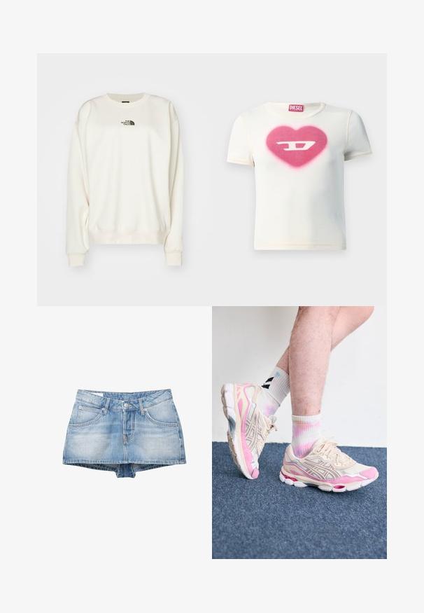 The North Face ESSENTIAL OVERSIZE CREW - Mikina - white dune; Biela krátkosrstá tričko s dizajnom ružového srdca so symbolom "D" v strede, vyrobené z ribbovaného materiálu s kontrastnými švami.; Džínové šortky svetlomodrej farby s vyblednutým vzhľadom. Majú päť vreciek a predné zapínanie na gombík. Klasický strih s rovnými lemami.; Béžové a ružové športové tenisky so striebornými akcentmi, sieťovinovými prekrytiami a objemnou podrážkou. Nosia sa s farebnými, batikovanými ponožkami.