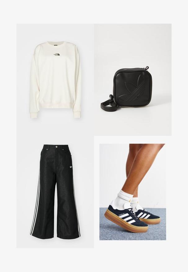 The North Face - Bluza; Czarne dżinsy o szerokich nogawkach z trzema białymi paskami po bokach i małym białym logo. Posiadają przednie kieszenie i zapięcie na guzik.; Czarne zamszowe trampki z białymi paskami i akcentami, zaokrąglonym noskiem, gumową podeszwą w kolorze jasno-brązowym, zestawione z białymi żebrowanymi skarpetkami do kostki.; Czarna torba na ramię wykonana z teksturowanego materiału syntetycznego. Posiada wytłoczone logo oraz regulowany pasek. Zamek błyskawiczny.