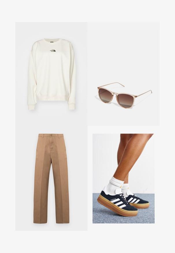 The North Face ESSENTIAL OVERSIZE CREW - Collegepaita - white dune; Ruskeat puuvillahousut suoralla lahkeensuulla, joissa on nappisuljenta, vyölenkit ja vähäiset saumat siistin ulkonäön takaamiseksi.; Musta mokkanahkainen tennari, jossa valkoiset raidat ja yksityiskohdat, pyöreä kärki, purukumipohja, yhdistetty valkoisiin ribbineuleisiin nilkkasukkiin.; Ruskean sävyinen aurinkolasimalli, jossa on läpikuultava vaaleanpunainen runko, neliömäinen muoto ja ohuet metalliset varret. Lasimallissa on pyöristetyt reunat ja minimaalinen yksityiskohtaisuus.