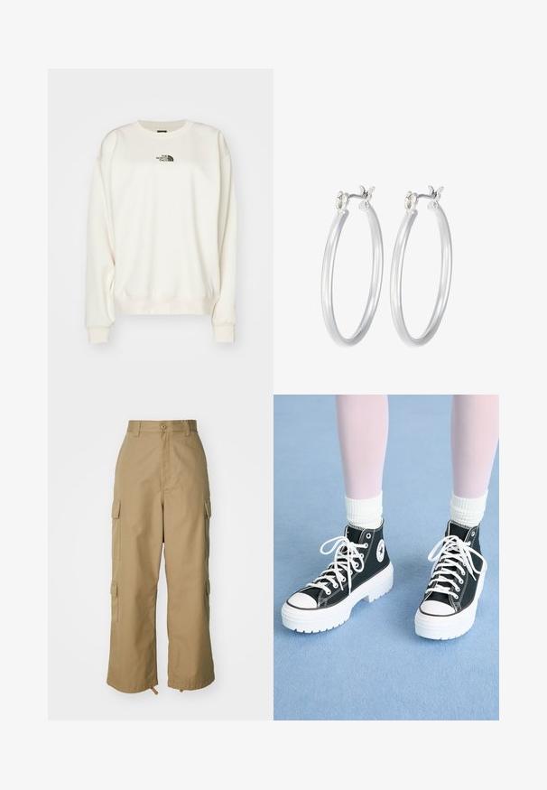 The North Face ESSENTIAL OVERSIZE CREW - Sweatshirt - white dune; Beige cargo pants with a high waist, wide legs, and four large side pockets. Made of durable fabric with a smooth texture and minimal detail.; Black high-top sneakers with white soles and laces, featuring a circular logo on the side and contrasting black stitching. Textured fabric upper.; Silver hoop earrings with a smooth, polished finish. Round shape and secure click-top closure. Lightweight design suitable for everyday wear.