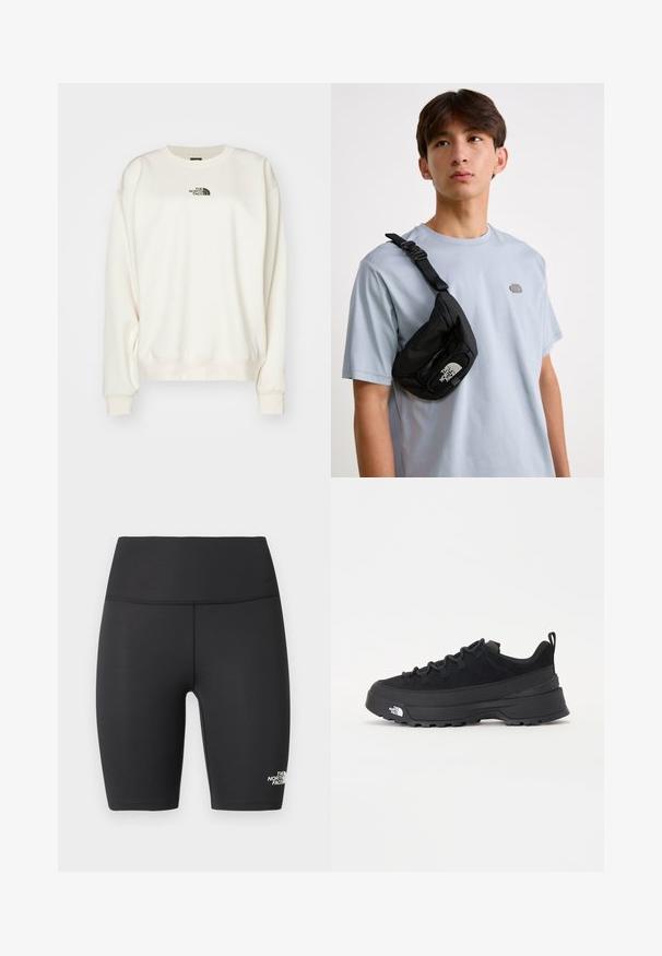The North Face ESSENTIAL OVERSIZE CREW - Felpa - white dune; Shorts da ciclismo atletici neri a vita alta con cuciture piatte e logo The North Face sulla gamba sinistra inferiore.; Sneaker da esterno nera con parte superiore in suede, suola in gomma testurizzata e robusto sistema di allacciatura. Presenta un tallone rinforzato e il logo del marchio sul lato.; Borsa a tracolla nera in nylon con tracolla regolabile, caratterizzata da un logo bianco prominente. Indossata su una t-shirt azzurro chiaro. Design semplice e funzionale.