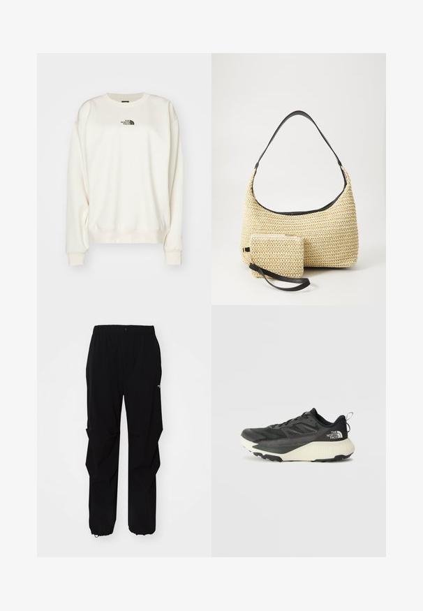 The North Face ESSENTIAL OVERSIZE CREW - Sweatshirt - white dune; Black outdoor pants made from durable material, featuring a relaxed fit, elastic waistband, and cinched cuffs for adjustable length.; Black athletic shoe with a textured upper, featuring gray accents and a white midsole. Includes a pull tab and prominent brand logo on the heel.; Woven straw handbag with a curved silhouette, featuring a smooth black leather strap and a matching small pouch attached by a wrist strap.