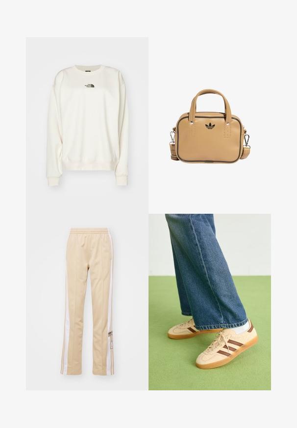 The North Face - Bluza; adidas Originals - Spodnie treningowe; Beżowe sneakersy z fakturowanymi kremowymi panelami i brązowymi paskami, w połączeniu z niebieskimi dżinsami. Dżinsy mają szerokie nogawki i postrzępione wykończenie.; Brązowa torebka z wegańskiej skóry z dwoma uchwytami, odczepianym paskiem na ramię, czarnym akcentem w postaci przeszyć oraz małym czarnym logo z przodu.