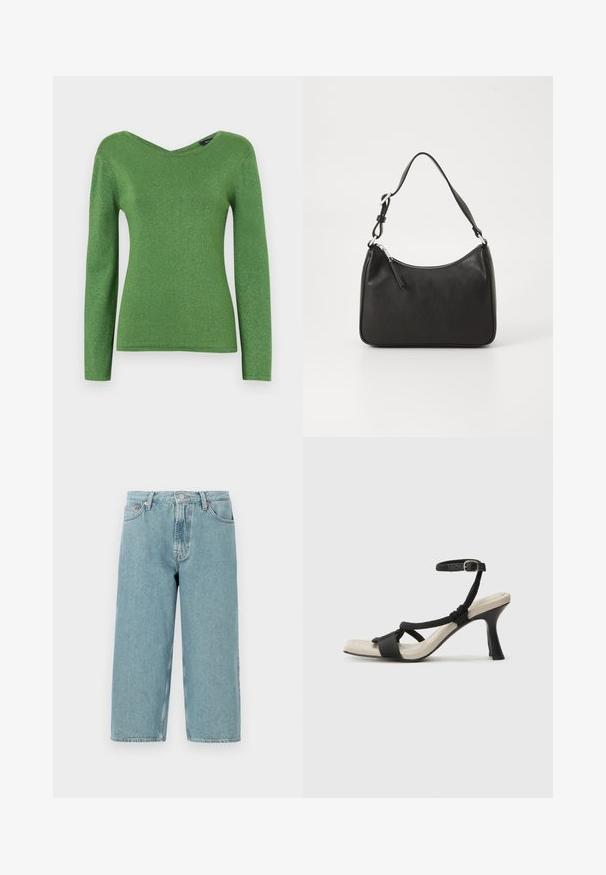 Top verde de manga longa feito de um tecido brilhante, com decote em V e silhueta ajustada, apresentando uma textura suave e sem adornos visíveis.; Shorts de denim azul claro com cintura alta, corte reto e bainha desfiada. Apresenta um fecho clássico de botão e zipper, além de quatro bolsos.; Sandal com salto alto preto e design de tiras trançadas, bico quadrado e tira de tornozelo ajustável. Sola em tom bege claro com um salto preto brilhante.; Mala de mão em couro preto com formato curvo, uma alça, fecho em zip e uma marcação discreta na frente. Textura suave, design minimalista.