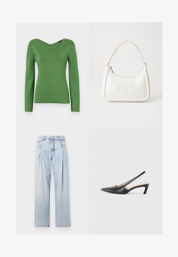 Grønn langermet topp laget av glitrende stoff, med V-hals og tettsittende silhuett, med glatt tekstur og ingen synlige dekorasjoner.; Lyseblå denimjeans med høy livlinje, vide ben, to sidelommer og plisserte detaljer. Myk tekstur med en falmet finish.; Svart spiss tå slingback-sko med lav hæl, laget av jevnt skinnmateriale og med utskåret design på siden for pusteevne.; Hvit lærveske med en buet fasong, med et preget "CK"-logo på forsiden og en enkel skulderstropp. Glidelåslukking på toppen.