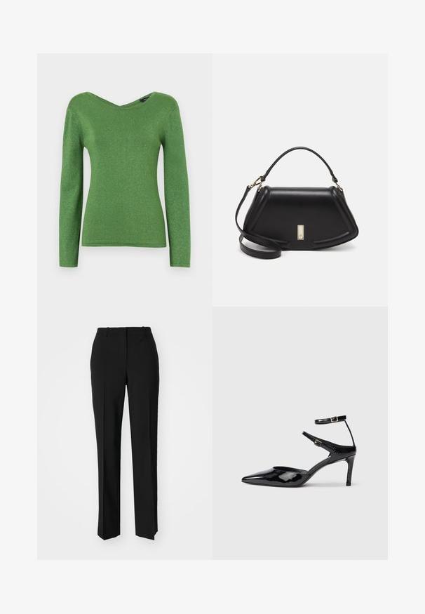 Grünes Langarmshirt aus schimmerndem Stoff, mit V-Ausschnitt und figurnaher Silhouette, glatter Textur und ohne sichtbare Verzierungen.; Schwarze, taillierte Hose mit geradem Bein, aus einem glatten Stoff und mit klaren Falten an der Vorderseite. Keine sichtbare Hardware.; Schwarze Lacklederabsätze mit spitzer Zehenpartie, verstellbaren Knöchelriemen und einem schlanken Absatz. Glatte Textur mit glänzender Oberfläche.; Schwarze Lederhandtasche mit einem strukturierten Design, das eine verkürzte Form, einen oberen Griff und goldfarbene Hardware-Details aufweist. Verstellbarer Schulterriemen ist enthalten.