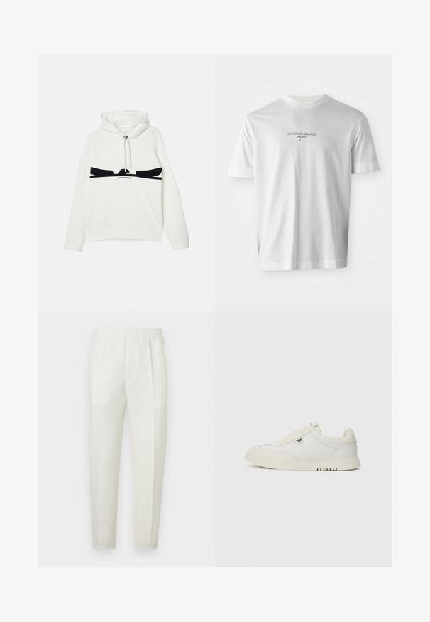 Vit huva sweatshirt med känguruficka, med en svart grafisk design över bröstet och ett metalljusterbart snörsystem.; Vit T-shirt med kort ärm och "EMPORIO ARMANI MILANO" logotyp centrerad på bröstet i subtilt upphöjd bokstavsstil.; Vita slim-fit byxor med elastisk midjeresår, utrustade med två sidofickor och en slät, lätt glansig yta.; Låg vit sneaker med snörning framtill, slät sula och liten metallisk logotyp på sidan, visad mot en neutral bakgrund.