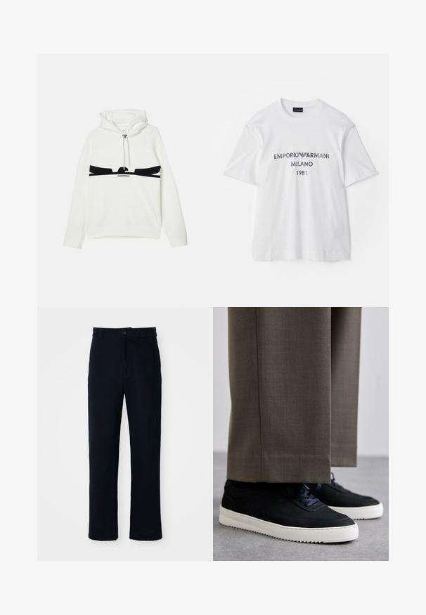 Balta gobtuvinė džemperis su kengūros kišene, ant krūtinės yra juodas grafiką dizainas ir metalinis raištelis su reguliavimo mechanizmu.; Balta medvilnė marškinėliai trumpomis rankovėmis, su tamsiai pilku užrašu "EMPORIO ARMANI MILANO 1981" ir logotipu. Klasikinio apvalaus kaklo dizainas.; Tamsiai mėlynos medvilninės kelnės, turinčios tiesioginį kirpimą, priekyje užsegamos mygtuku ir klasikine juosta su dirželio kilpom.; Juodi zomšiniai sportbačiai su baltais guminiais padais, su apvalia nosimi ir raišteliais, dėvimi su pilkais pritaikytais kelnais.