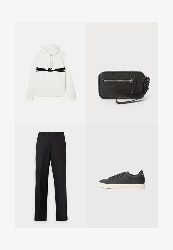 Sudadera blanca con capucha y un bolsillo tipo canguro, con un diseño gráfico negro en el pecho y un regulador de cordón metálico.; Pantalones negros de pierna recta hechos de tela suave. Cuentan con una pretina estándar y no tienen patrones ni detalles visibles.; Zapatilla negra de cuero con perfil bajo, punta redondeada y cierre de cordones; cuenta con una suela de goma texturizada y detalle del logo en el talón.; Clutch de cuero negro con superficie texturizada, bolsillo delantero con cremallera y correa de muñeca desmontable. Presenta una etiqueta de logo en el frontal. Forma rectangular.