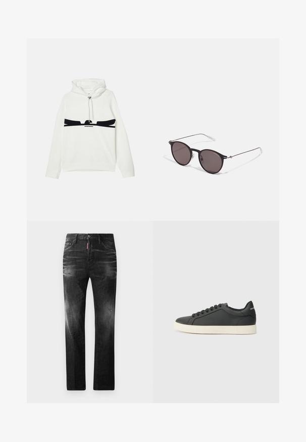 Valge kapuutsiga särk, millel on kenguru tasku, ning must graafiline disain rinnal ja metallist nöörist tõmblukk.; Mustad denim püksid otse lõikega. Omavad kulunud piirkondi, väikseid kahjustusi, klassikalist viit taskut ning nööpkinnitust.; Mustmustest musta poolprofiiliga, ümmargune varvas ja paeltega sulgemine; omab tekstureeritud kummist tallat ja logo detaili kontsa peal.; Mustad mustad prillid tumedate läätsedega ja õhukeste metallist käepidemetega. Kaarja kujuga seljaosa ja hõbedased aktsendid hingel. Minimalistlik disain.