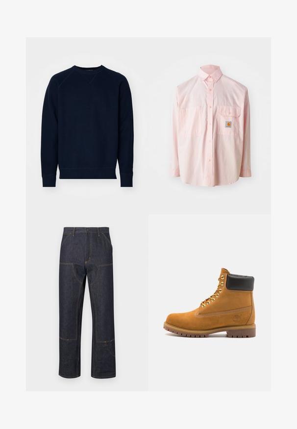 Marineblauwe sweatshirt van een gestructureerde stof, met een ronde hals en raglanmouwen. Heeft ribgebreide manchetten en een boord. Minimale branding op de mouw.; Lichtroze overhemden met knopen, voorzien van twee borstzakken en een logo-label. Gemaakt van katoen met een klassieke kraag en lange mouwen.; Donkerblauwe spijkerbroeken met een losse pasvorm, voorzien van gele stiksels, steekzakken aan de voorkant en een kenmerkend ontwerp van naden.; Tan suède enkelboot met zwart gevoerd kraagje, gouden metalen oogjes, witte stikdetails en een robuuste rubberen zool met uitgesproken profiel.