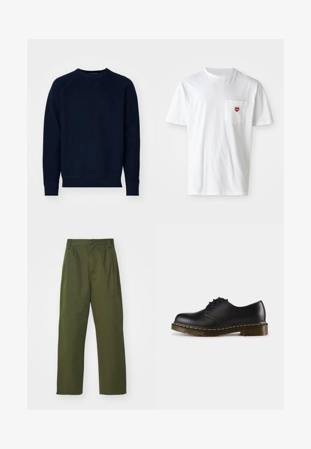 Navy blue sweatshirt with a textured fabric, crew neckline, and raglan sleeves. Features ribbed cuffs and hem. Minimal branding on sleeve.; White cotton t-shirt with a round neckline and short sleeves. Features a small red heart logo on the left chest pocket.; Olive green, high-waisted pants with a straight leg design. Made of a lightweight fabric, featuring front pleats and a button closure.; Black leather shoe with rounded toe, lace-up design, yellow stitching along the sole, and a chunky, textured rubber outsole.