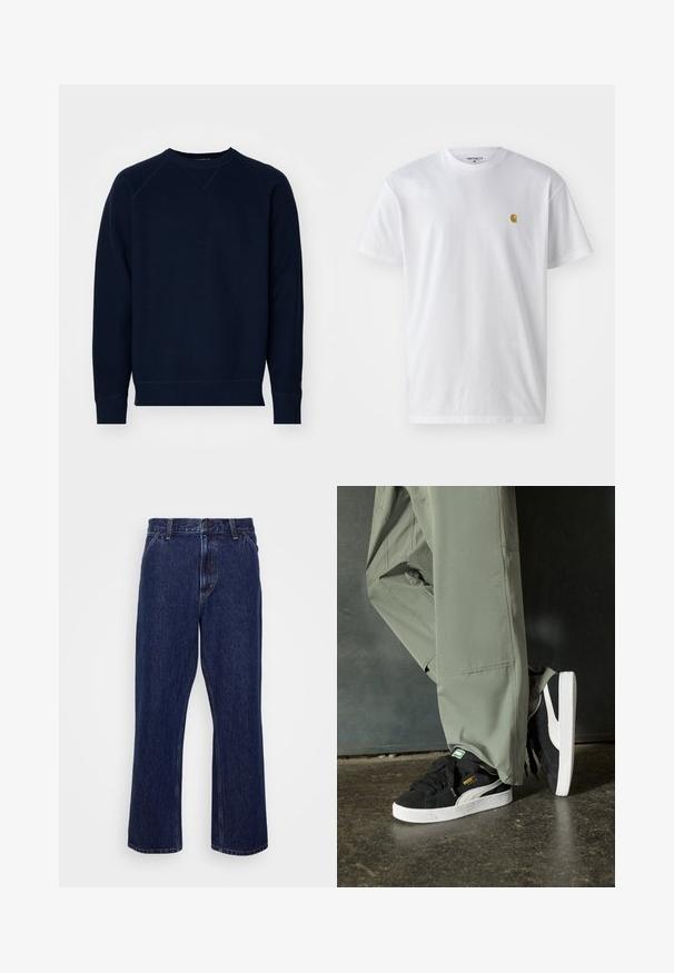 Marineblauwe sweatshirt van een gestructureerde stof, met een ronde hals en raglanmouwen. Heeft ribgebreide manchetten en een boord. Minimale branding op de mouw.; Witte katoenen t-shirt met korte mouwen en ronde hals, voorzien van een klein gouden logo op de linkerkant van de borst. Zachte textuur en een normale pasvorm.; Donkerblauwe denim jeans met een recht-uitlopende pasvorm, voorzien van een knoopsluiting, vijf zakken en subtiele stikseldetails.; Zwarte suède sneakers met witte rubberen zolen en zijstrepen, gecombineerd met lichtgroene cargobroeken, staande op een gestructureerd donker oppervlak.