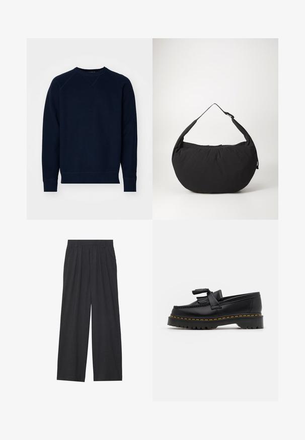 Granatowy sweter z teksturowanej tkaniny, okrągłym dekoltem i rękawami raglanowymi. Posiada prążkowane mankiety i dół. Minimalne logo na rękawie.; Szerokie spodnie wykonane z ciemnoszarego materiału. Posiadają pliski w talii, dopasowany krój oraz prostą sylwetkę.; Czarny skórzany mokasyn z frędzelkowymi akcentami, z masywną czarną podeszwą i żółtym przeszyciem wzdłuż krawędzi. Teksturowane wykończenie.; Czarna torebka na ramię o zaokrąglonym kształcie, z pojedynczym paskiem i zamknięciem na zamek. Miękka faktura, minimalistyczny design.