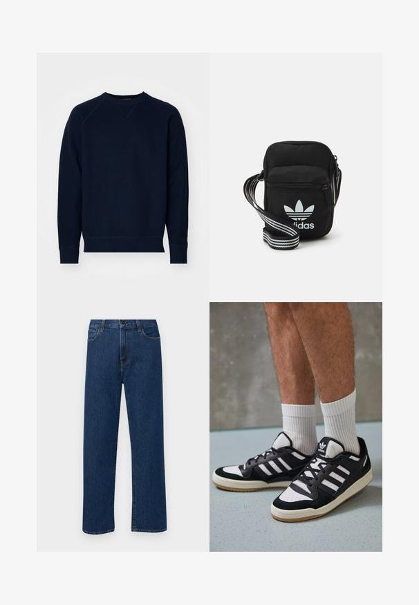 Granatowy sweter z teksturowanej tkaniny, okrągłym dekoltem i rękawami raglanowymi. Posiada prążkowane mankiety i dół. Minimalne logo na rękawie.; Granatowe dżinsy prostego kroju z kieszeniami z przodu i zapięciem na guzik, zaprezentowane na jednolitym białym tle.; Czarno-białe sneakersy z zamszową i skórzaną cholewką, z trzema białymi paskami, perforowanym czubkiem i gumową podeszwą w kolorze gumy.; Czarna torba crossbody wykonana z materiału, z zamknięciem na zamek błyskawiczny, z białym logo Adidas oraz regulowanym paskiem w paski, co ułatwia noszenie.
