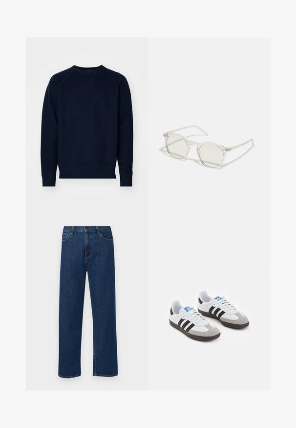 Námořnická modrá mikina s texturovanou tkaninou, kulatým výstřihem a raglánovými rukávy. Obsahuje ribbenové manžety a spodní lem. Minimální značení na rukávu.; Tmavě modré džíny s rovnými nohavicemi, předními kapsami a zapínáním na knoflík, vystavené na jednoduchém bílém pozadí.; Sportovní boty s bílým koženým svrškem, šedou semišovou špičkou a třemi černými pruhy. Obsahují modré logo na jazyku a texturovanou gumovou podrážku.; Kulaté sluneční brýle s průhledným rámem, světle zelenými čočkami a tenkými, průhlednými bočními částmi. Rám má jemné kovové akcenty.