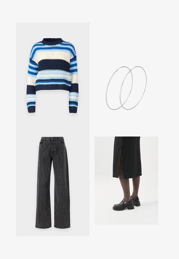 Noisy May NMCHARLIE O NECK STRIPE - Vesta - multi coloured; Noisy May NMJANNEL LOOSE - Traperice opuštenog kroja - black denim; Crne kožne cipele s zaobljenim vrhom, debelim blok petama i elastičnim bočnim detaljima, uparene s tamnim čarapama i crnom suknjom s prorezom.; Srebrne okrugle naušnice s minimalističkim dizajnom. Kružni oblik, glatka tekstura i tanak profil. Lagane s poliranim završetkom.