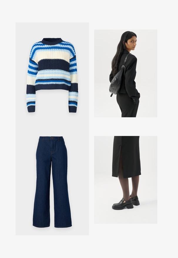 Noisy May NMCHARLIE wielokolorowy; Granatowe dżinsowe spodnie o szerokich nogawkach z wysokim stanem, z zapięciem na guziki z przodu oraz subtelnymi detalami przeszyć. Gładka faktura i brak wzorów.; Czarne skórzane buty z okrągłym noskiem, grubym blokowym obcasem i elastycznymi akcentami po bokach, zestawione z ciemnymi rajstopami i czarną spódnicą z rozcięciem.; Kobieta z długimi ciemnymi włosami, ubrana w czarny garnitur, trzymająca czarną skórzaną torbę na ramię, spoglądająca przez ramię na białym tle.; Srebrne kolczyki w formie obręczy o minimalistycznym designie. Okrągły kształt, gładka faktura i cienki profil. Lekkie, z polerowanym wykończeniem.