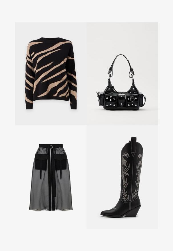 Sort sweater med beige tigerstriber, med rund halsudskæring, lange ærmer og blød tekstur. Kanterne er ribbede.; Sort gennemsigtig nederdel med en rynket talje, der har to store forlommer, et taljebånd og en cirkulær metaldetalje.; Sorte læder cowboystøvler med spidse tæer, kilehæle og sølv broderede blomster mønstre langs skaftet. Kontrast syning overalt.; Sort læderhåndtaske med et buet design, prydet med sølvfarvede nitter, en spænde og to sidelommer. Justerbar rem til forskellige bære muligheder.