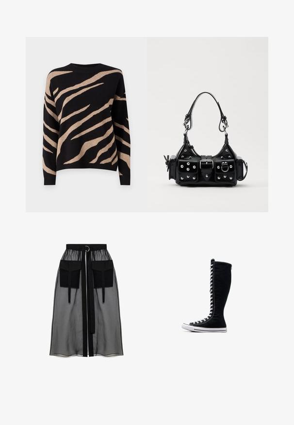 Crni pulover s bež uzorkom tigrove pruge, s okruglim izrezom, dugim rukavima i mekim teksturom. Rub je ribani.; Crna prozirna suknja s nabranim pojasom, koja ima dva velika prednja džepa, remen oko struka i okrugli metalni detalj.; Crne visoke tenisice s visokim dizajnom, izrađene od platna. Imaju bijele vezice, šavove i gumeni potplat s zaštitom za nožne prste.; Crna kožna torba s zakrivljenim dizajnom, koja sadrži srebrne zakovice, kopču i dva bočna džepa. Podesiva traka za različite opcije nošenja.