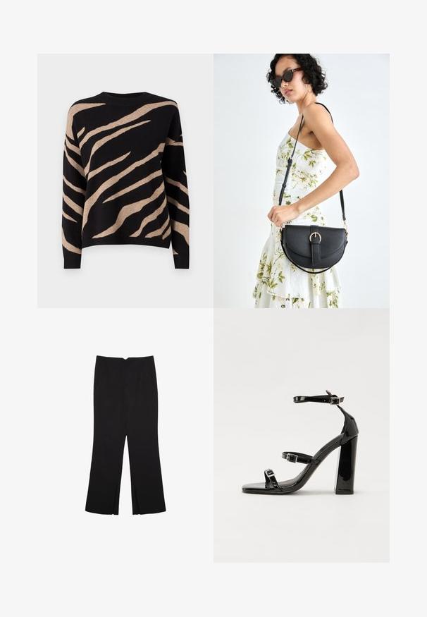 Black sweater with beige tiger stripe pattern, featuring a round neck, long sleeves, and soft texture. Edge finish is ribbed.; Black trousers with a straight fit, featuring front pockets and side slits at the hem. Made of soft, smooth fabric. Suitable for various occasions.; Black patent high-heeled sandals with two buckle straps, square toe, and a chunky block heel, featuring a smooth, glossy texture.; Black leather handbag with a curved shape, detachable strap, and gold hardware. The bag features a flap with a buckle detail.
