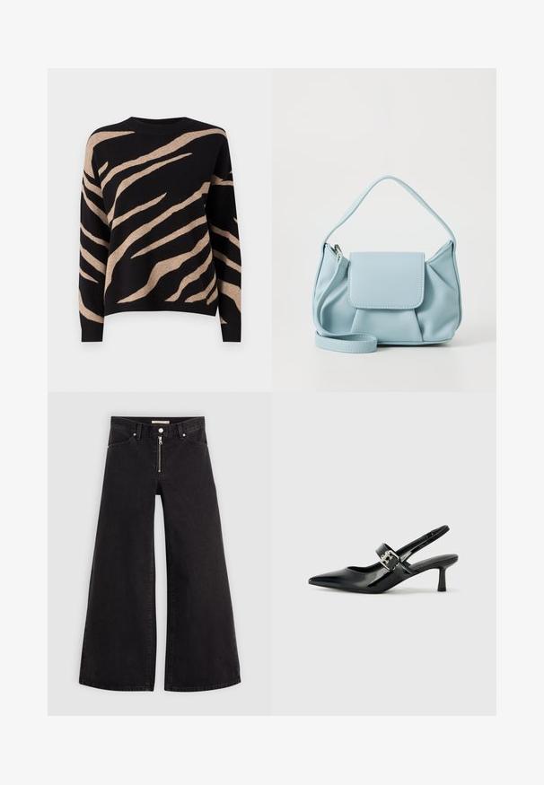 Maglione nero con motivo a strisce di tigre beige, dotato di collo rotondo, maniche lunghe e texture morbida. Il bordo è rifinito a costine.; Jeans a gamba larga in denim nero con chiusura a zip, design a cinque tasche e dettagli di cucitura sottili. Texture morbida e stile casual.; Décolleté neri in vernice con punta affilata e tacco a blocco piccolo, dotati di un accentuato con fibbia argentata sulla cinturino.; Borsa a mano in pelle blu chiaro con manico superiore, tasca con pattina frontale e tracolla rimovibile su sfondo bianco.