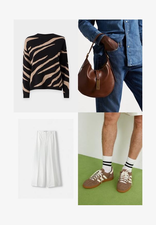 Črna majica s snemljeno vzorcem tigra v bež barvi, z okroglo odprtino, dolgimi rokavi in mehakim dotikom. Robovi so ribani.; Bershka WIDE-LEG TAILORED - Hlače - white; Rjavi semiš športni čevlji z belimi detajli in vezalkami. Gumijast podplat. Nošeni z belimi nogavicami z črnimi črtami. Zelena teksturirana talna obloga.; Rjava usnjena hobo torba zaobljene oblike, ki vsebuje zlatokovinske dodatke in kontrastno šivanje. V kombinaciji z denim srajco in kavbojkami.