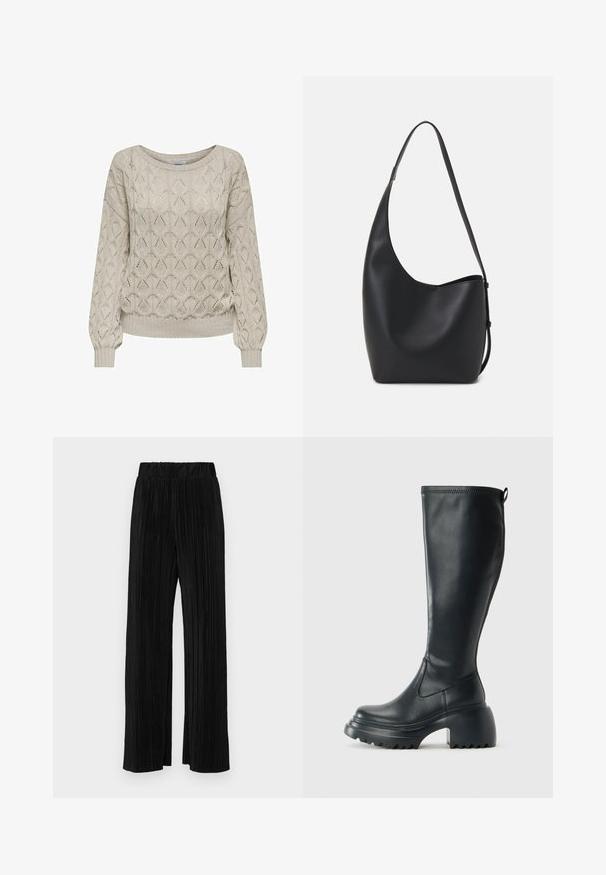 Suéter de punto beige claro con un patrón geométrico, puños acanalados y un escote ancho, que ofrece un aspecto texturizado y un ajuste relajado.; Pantalones negros de pliegues con una cintura elástica. Presentan piernas anchas y una tela suave y texturada con rayas verticales.; Bota alta de cuero negro con suela de plataforma gruesa y tacón cuadrado, que cuenta con una lengüeta y un relieve texturizado en la suela exterior.; Bolso tipo hobo de cuero negro con una textura suave, forma curvada y una sola correa ajustable; presenta una amplia apertura en la parte superior.