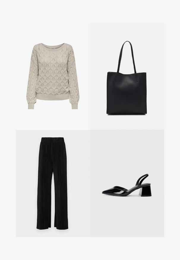 Suéter de punto beige claro con un patrón geométrico, puños acanalados y un escote ancho, que ofrece un aspecto texturizado y un ajuste relajado.; Pantalones negros de pliegues con una cintura elástica. Presentan piernas anchas y una tela suave y texturada con rayas verticales.; Zapatos de tacón slingback de charol negro con punta afilada y tacón geométrico en bloque. Presentan un diseño elegante y minimalista, así como una textura suave.; Bolso tote de cuero negro con textura lisa, forma rectangular y dos asas largas. Sin herrajes ni adornos visibles.