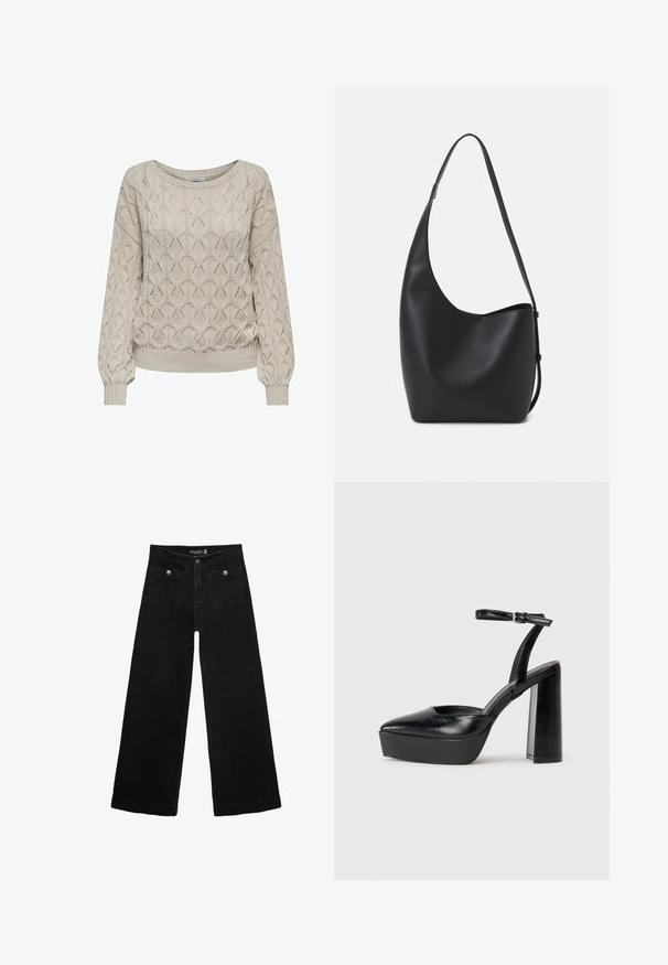 Maglione lavorato a maglia color beige chiaro con un motivo geometrico, polsini a coste e un ampio scollo, che offre un aspetto strutturato e una vestibilità rilassata.; Jeans neri a gamba larga con vita alta, dotati di due tasche frontali e dettagli in metallo sui bottoni. Il tessuto ha una texture liscia.; Tacchi a piattaforma neri con punta appuntita e cinturino regolabile alla caviglia. Realizzati in pelle liscia, presentano un tacco a blocco spesso.; Borsa hobo nera in pelle con una superficie liscia, forma curvata e una singola tracolla regolabile; presenta un'ampia apertura nella parte superiore.