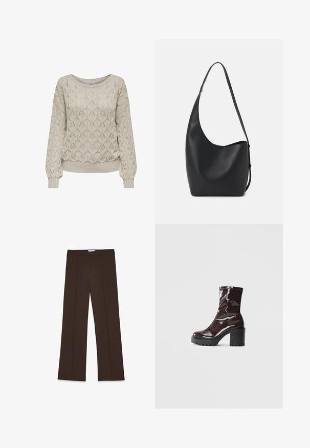Light beige knitted sweater featuring a geometric pattern, ribbed cuffs, and a wide neckline, offering a textured look and relaxed fit.; Brown, wide-leg trousers made of smooth fabric; features front pleats and a standard waistband. Minimalist design with no visible fasteners.; Glossy burgundy ankle boot with a chunky black heel, featuring a smooth texture and simple design. No visible fastenings or patterns.; Black leather hobo bag with a smooth texture, curved shape, and single adjustable strap; features a wide opening at the top.