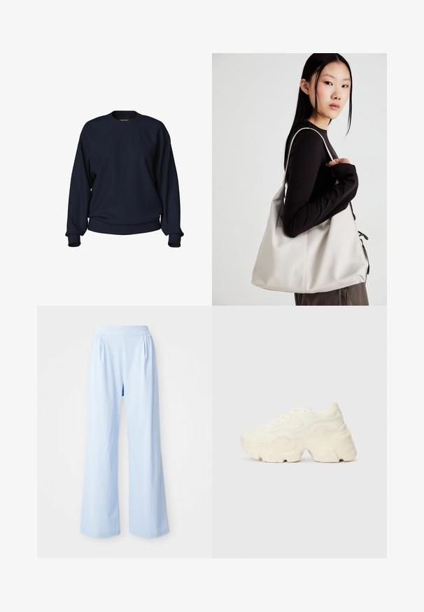 Sudadera azul marino con cuello redondo, mangas largas, puños y cinturilla de canalé. Textura suave sin patrones visibles ni herrajes.; Pantalones de pierna ancha de color azul claro con una textura suave, cinturilla elástica y detalles plisados en la parte frontal. Fabricados con un tejido suave.; Zapatillas blancas gruesas hechas de malla texturizada y materiales sintéticos, con una suela gruesa y detalles de patrones intrincados a lo largo de los lados.; Bolso de mano beige hecho de material suave, con un diseño holgado, detalles cosidos y dos asas. Adecuado para uso diario.