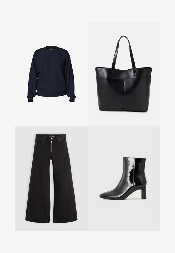 Sudadera azul marino con cuello redondo, mangas largas, puños y cinturilla de canalé. Textura suave sin patrones visibles ni herrajes.; Jeans de pierna ancha en denim negro con cierre frontal, diseño de cinco bolsillos y detalles de costura sutiles. Textura suave y estilo casual.; Botín de charol negro con punta afilada y un tacón de bloque de altura media. Textura suave y diseño minimalista.; Bolso tote de cuero negro con dos asas largas, textura suave y forma estructurada. Cuenta con un bolsillo frontal para almacenamiento adicional.