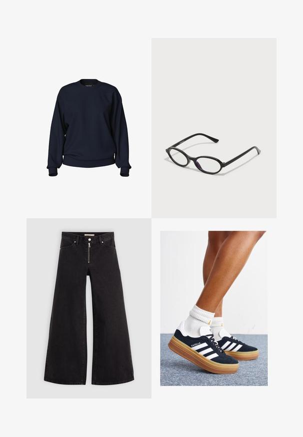Navy blue sweatshirt with a crew neck, long sleeves, ribbed cuffs, and waistband. Smooth texture with no visible patterns or hardware.; Wide-leg jeans in black denim with a zippered front, five-pocket design, and subtle stitching details. Smooth texture and casual style.; Black suede sneakers with white stripes and accents, rounded toe, gum rubber outsole, paired with white ribbed crew socks.; Black oval-frame glasses with translucent purple accents on the lenses. Frames have a matte finish and slender, straight temples.