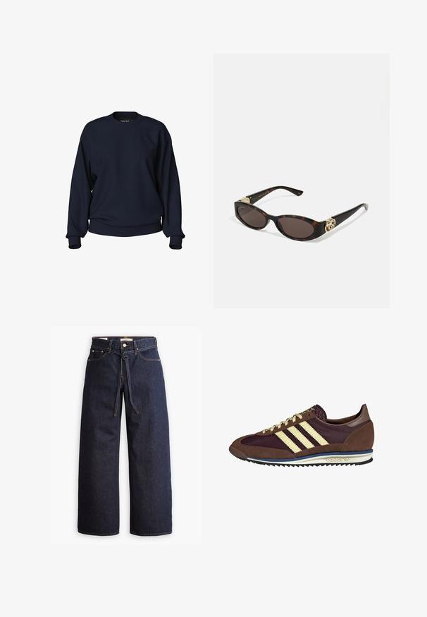 Felpa blu navy con colletto a giro, maniche lunghe, polsini e vita a costine. Texture liscia senza pattern visibili o hardware.; Jeans in denim scuro a gamba larga con vita alta, dotati di un laccio, cinque tasche e dettagli di cucitura a contrasto.; Sneaker marrone e bordeaux realizzato in materiali scamosciati e in rete, caratterizzato da tre strisce color crema, tessuto testurizzato sulla linguetta e suola in gomma.; Occhiali da sole tartarugati con lenti ovali allungate, tonalità marrone, accenti dorati con logo sulle tempie e aste nere eleganti.