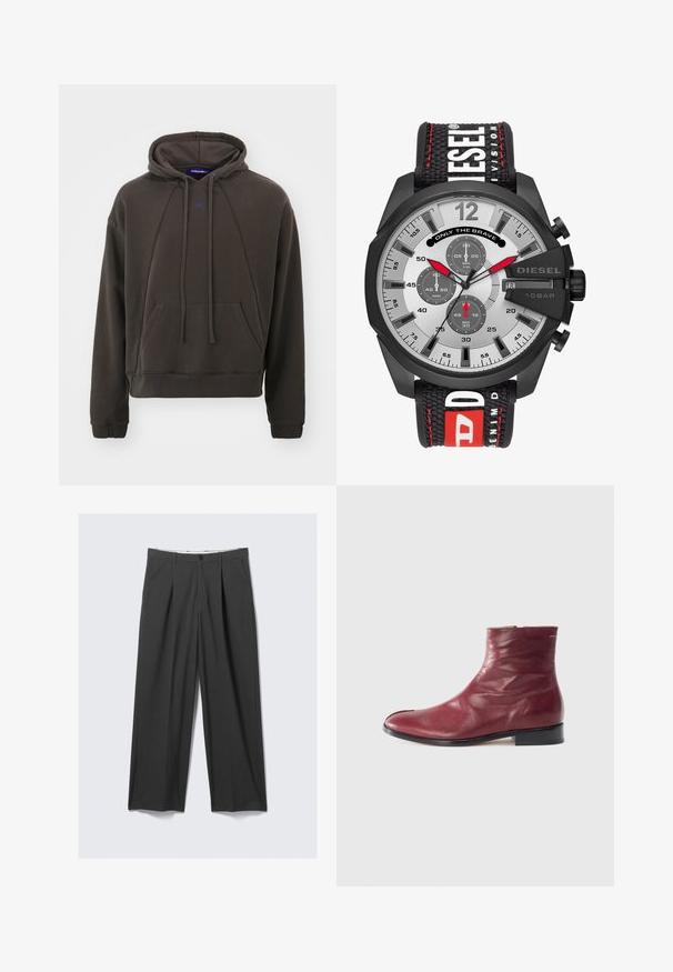 A-COLD-WALL* MILLBANK HOODIE - Ikdienas džemperis - brown; Pelēkas, platās bikses ar krokām. Izgatavotas no gludas auduma, ar priekšējo pogu aizdari un jostas cilpiņām. Plakans priekšpuses dizains.; Bordo ādas potītes zābaks ar gludu tekstūru, sānu rāvējslēdzēju, noapaļotu purngalu un zemu melnu papēdi, ar vieglām krokām un minimālu šuvju skaitu.; Melnā hronogrāfu pulksteņa ar sudraba ciparnīcu, kas piedāvā trīs apakšciparnīcas, izteiksmīgus stundu marķierus un teksturētu auduma siksnu ar sarkaniem akcentiem.