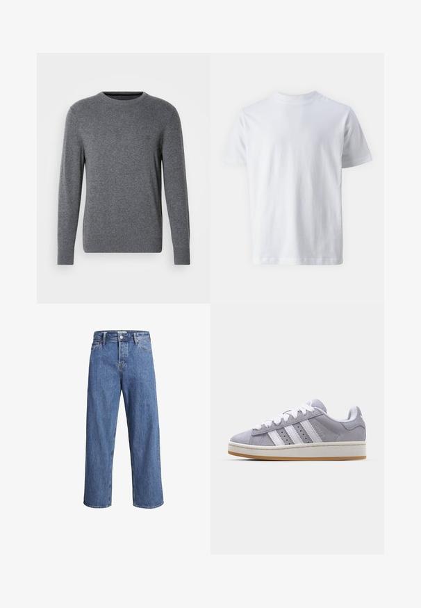 Grå strikket genser med rund hals og lange ermer. Har ribbestrikkede mansjetter og nederkant, glatt tekstur og en liten logo på brystet.; Hvit kortermet t-skjorte laget av bomull, med rund hals og en jevn tekstur, rett snitt og uten mønstre.; Lyse blå denimjeans med rett ben, høy midje og minimale sømdetaljer. Stoffet har en myk, lett bleket tekstur.; Grå ruskinn sneakers med hvite striper, rund tå og gummisåle. Har perforeringer på siden og teksturert hæltab.