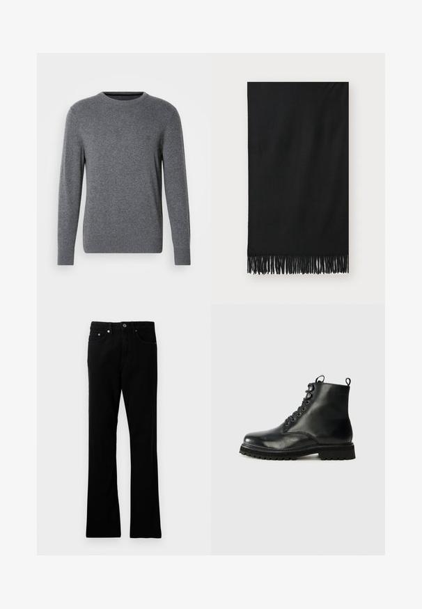Pull en tricot gris avec un col rond et des manches longues. Il présente des poignets et un ourlet côtelés, une texture lisse et un petit logo sur la poitrine.; Pantalons en denim noir avec une coupe droite, cinq poches, fermeture à bouton en métal et détails de couture subtils. Texture lisse et couleur uniforme.; Botte noire en cuir à la cheville avec un bout rond, lacets sur le devant et semelle en caoutchouc texturée. Présente une languette au talon et des coutures contrastantes.; Écharpe noire avec des franges aux extrémités ; fabriquée en matériau doux et possède une texture lisse. Forme rectangulaire, adaptée à diverses options de style.
