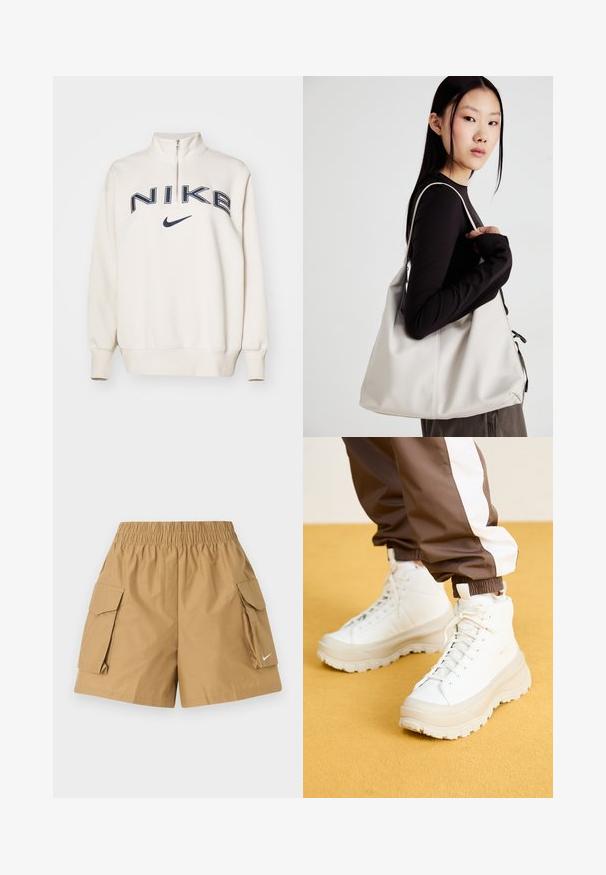 Nike Sportswear LOGO - Camisola - light orewood brown/white/armory navy; Calções cargo bejes com um cós elástico, dois bolsos laterais e um pequeno detalhe em logo branco. Feitos de um tecido leve e texturizado.; Ténis brancos de cano alto com uma sola grossa e texturizada, apresentando um cabedal liso, bico redondo e atacadores tonalizados, sobre um fundo amarelo.; Uma bolsa bege feita de material macio, com um design descontraído, detalhes de costura e duas alças para o ombro. Adequada para uso diário.